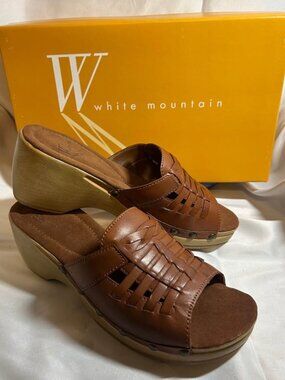 NIB Women’s Sz 8 White Mountain Brown / Tan Woven Leather Clog Sandals